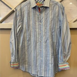 Robert Graham Shirt Mens Large Button Up‎ Blue Stripe Flip Cuff Colorful